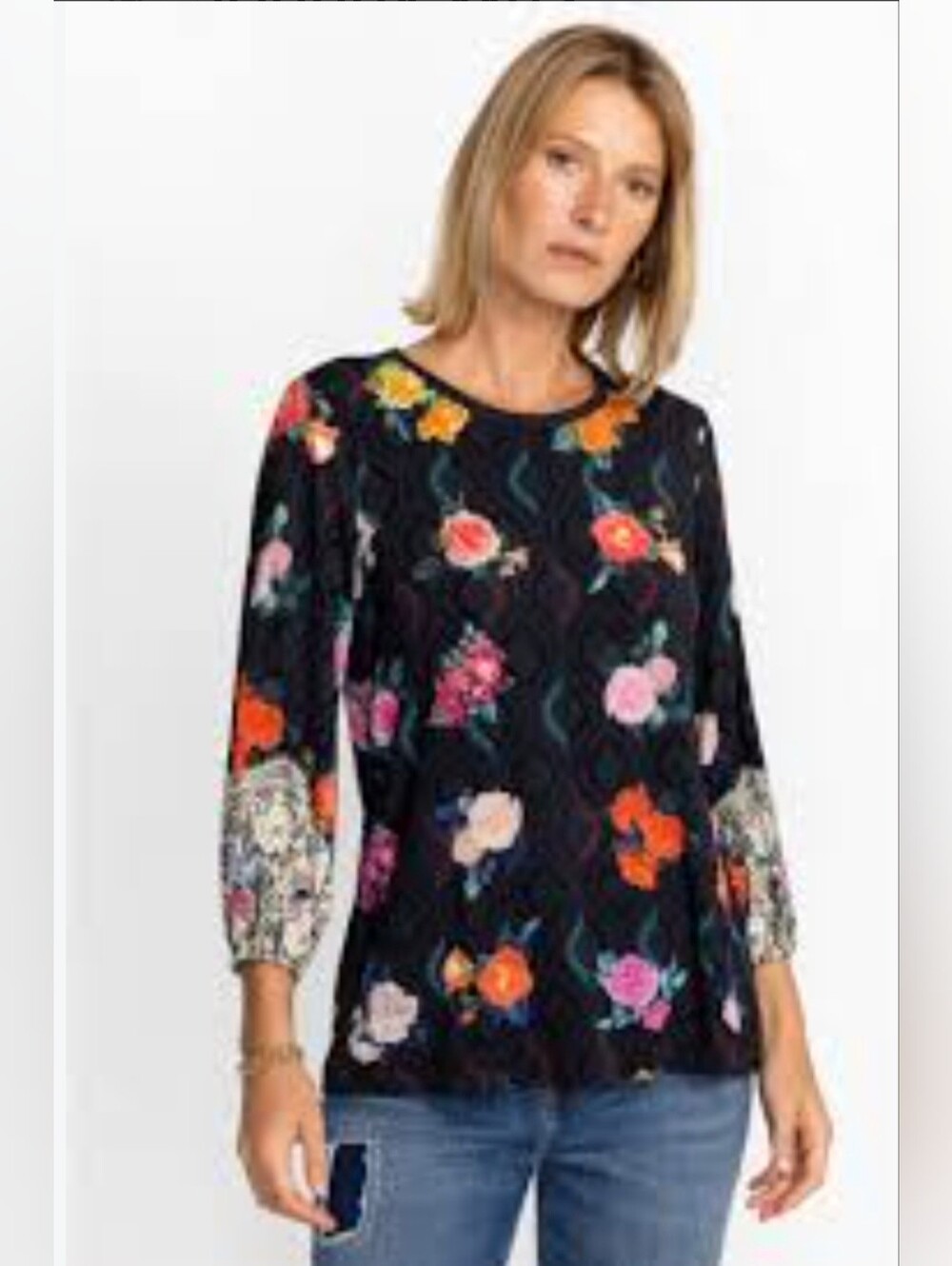 Johnny Was Rose Lace Puff Sleeve Top Small